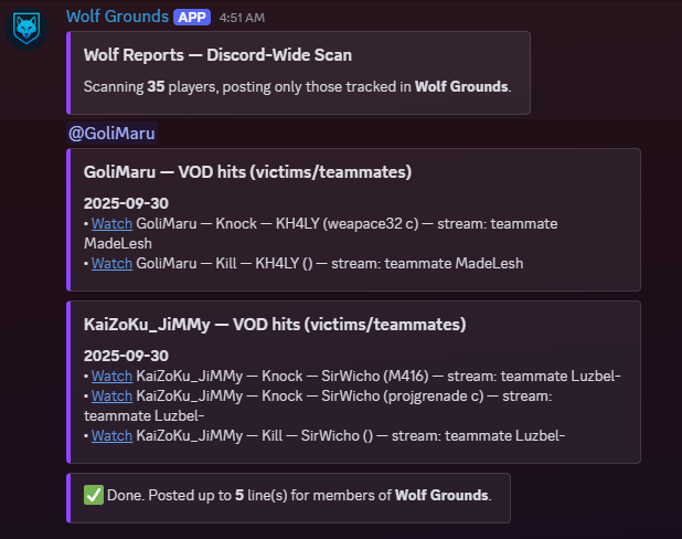 A Wolf Report embed in Discord, showing a kill highlight with the player's stats and a linked Twitch VOD.