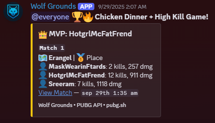 A Chicken Dinner recap embed in Discord, summarising the winning squad's kills and placement.
